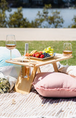 Deluxe four glass folding picnic table with a bottle of rose, fruit platter and wine glasses on a picnic rug with pink and blue cushions.